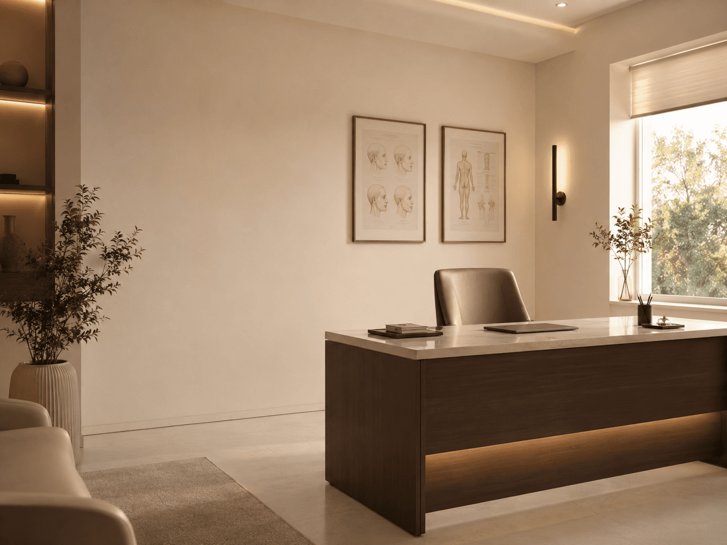 A calm consultation room at Rahman Plastic Surgery with anatomical reference art and natural light.