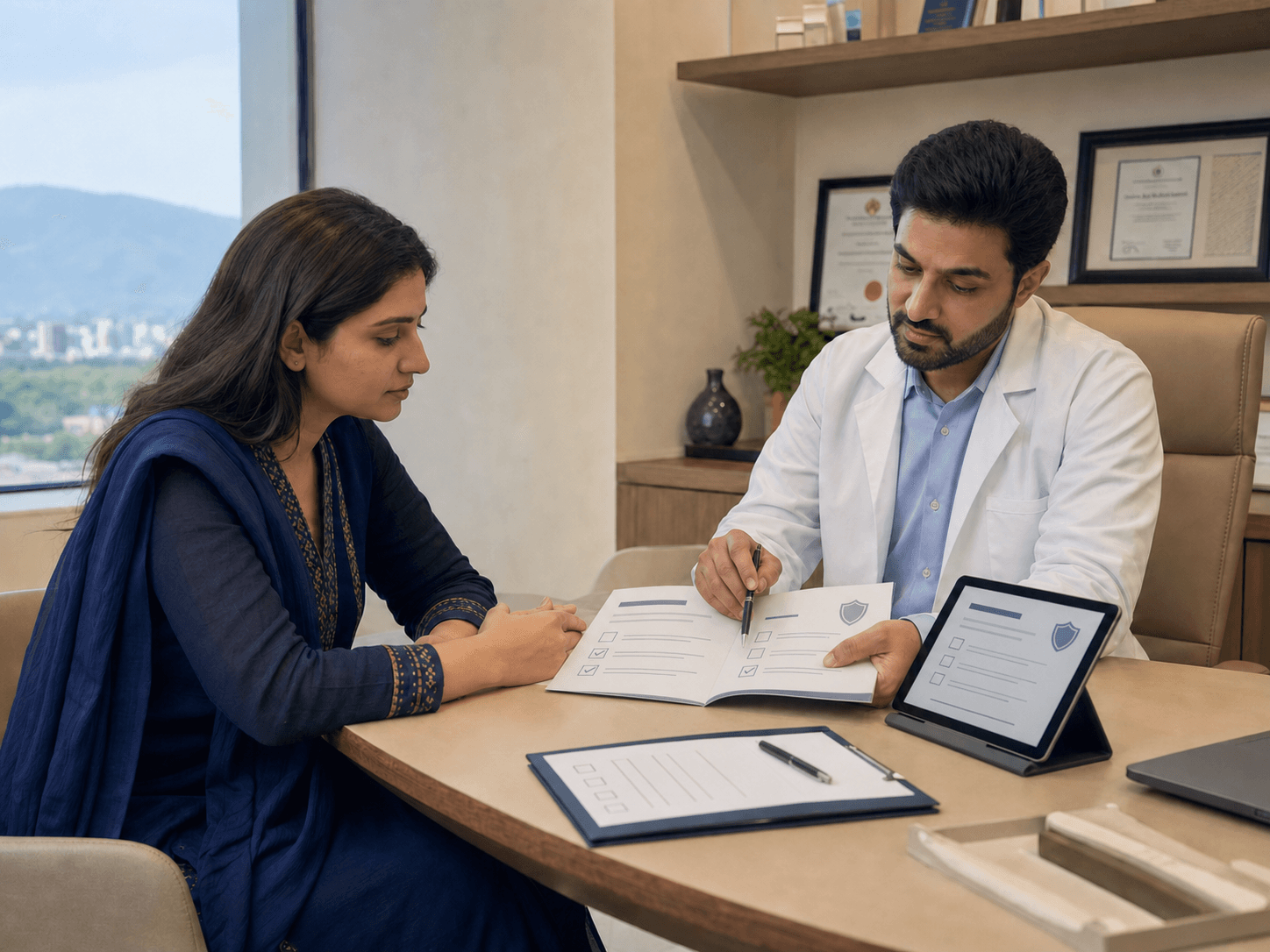 Patient reviewing a surgeon verification checklist during a consultation in Islamabad